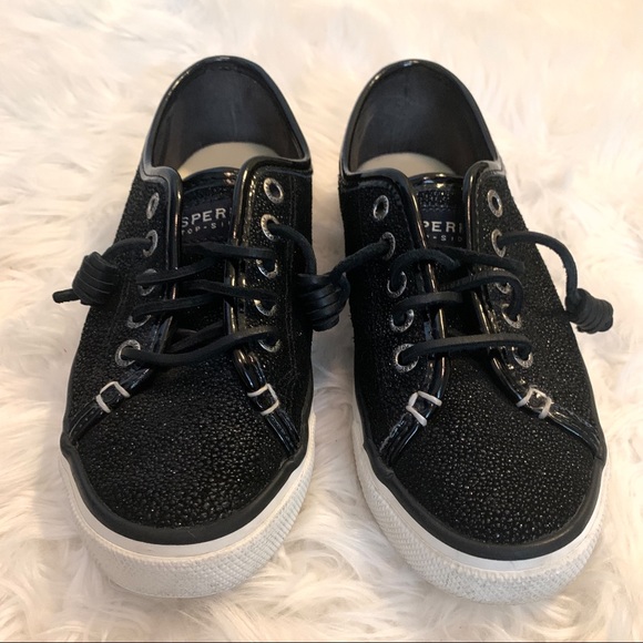 Sperry Seacoast Black Glitter Caviar Sneakers-6 - Picture 3 of 12